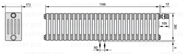 Схема (чертеж) Радиатор Zehnder Charleston 5026/26 №V008 Белый глянцевый RAL 9016